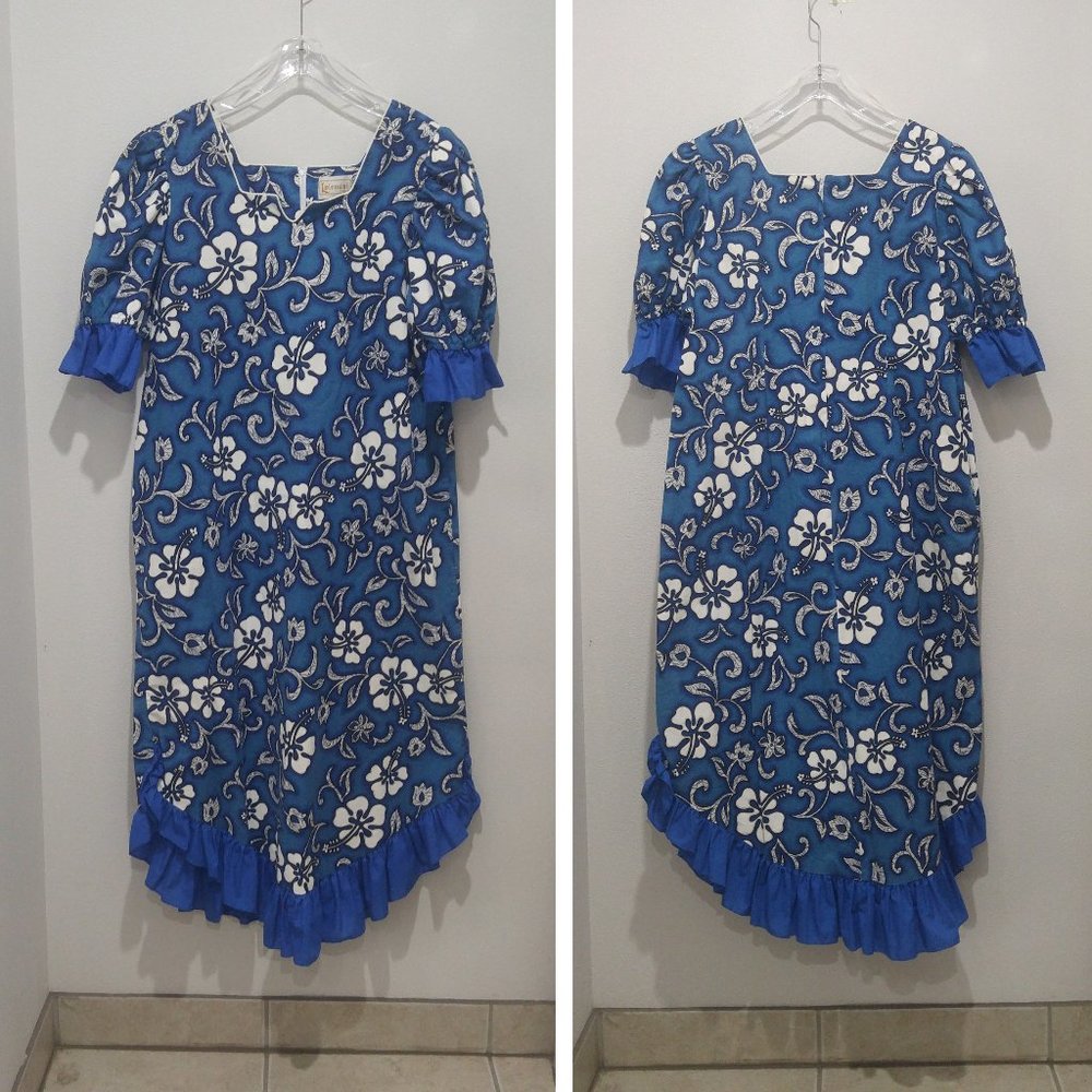 Lolenani Vintage Hawaiian Muumuu Dress Size 2XL Blue Ruffle Hibiscus Floral 3000